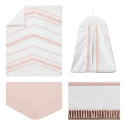 Sweet Jojo Designs Girl Baby Crib Bedding Set - Boho Fringe White And Pink Collection 4pc