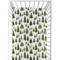 Sweet Jojo Designs Gender Neutral Unisex Fitted Crib Sheets Set Woodland Pine Tree Green And White 2pc