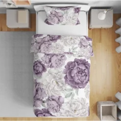 Sweet Jojo Designs Girl Toddler Bedding Set Peony Floral Garden Purple Ivory And Green 5pc