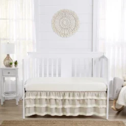 Sweet Jojo Designs Boy Or Girl Gender Neutral Unisex 3 Tiered Ruffle Crib Bed Skirt Boho Fringe Linen Taupe And White