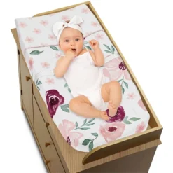 Sweet Jojo Designs Girl Changing Pad Cover Watercolor Floral Pink White And Green