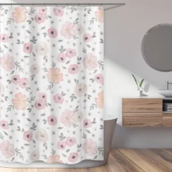 Sweet Jojo Designs Shower Curtain 72in.x72in. Watercolor Floral Pink And Grey