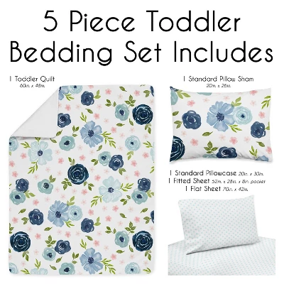 Sweet Jojo Designs Girl Toddler Bedding Set Watercolor Floral Blue Pink And White 5pc 4 Sweet Jojo Designs Girl Toddler Bedding Set Watercolor Floral Blue Pink And White 5pc - Image 2